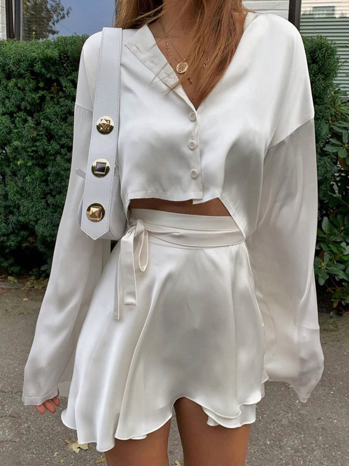 Two Piece Satin Suit with Lace-Up Hem