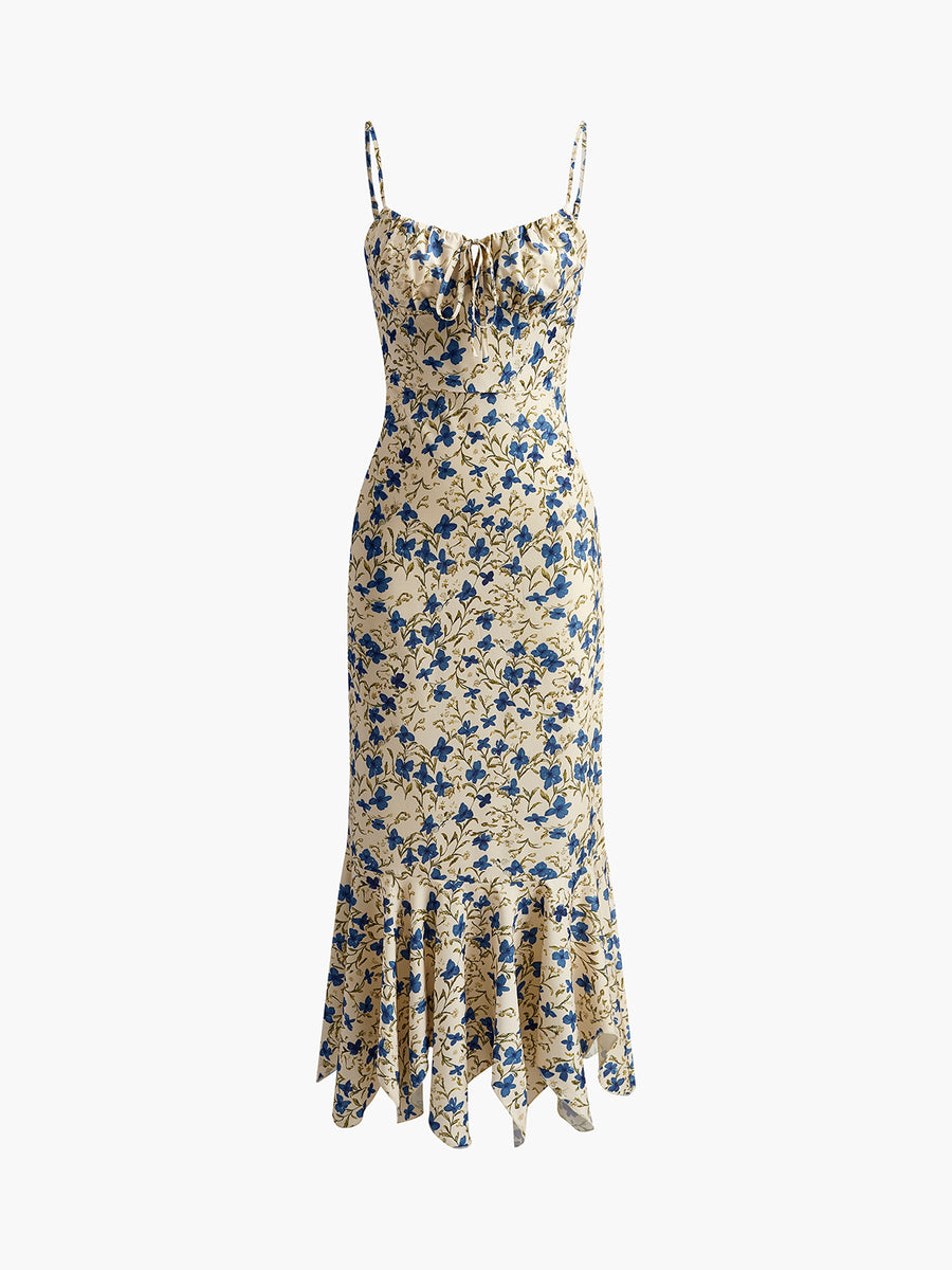 Blue Bloom Strap Satin Dress