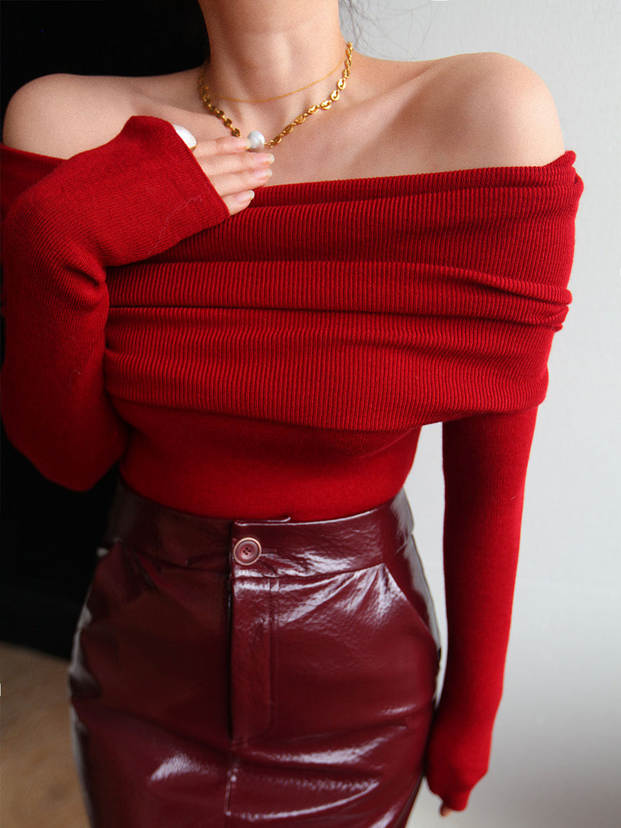 Off-the-Shoulder Ribbed Knit Blouse