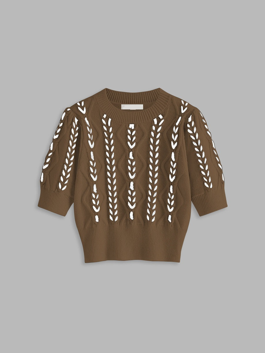 New Season Leaf Patterned Short Sleeve Knitwear