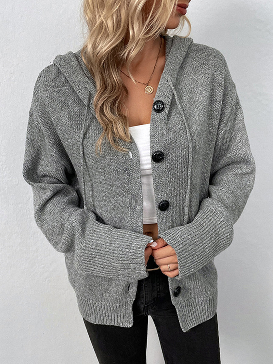 Hooded Buttoned Knitted Cardigan