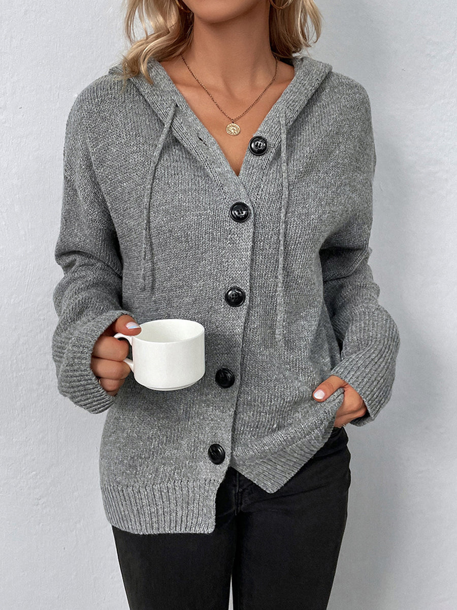 Hooded Buttoned Knitted Cardigan