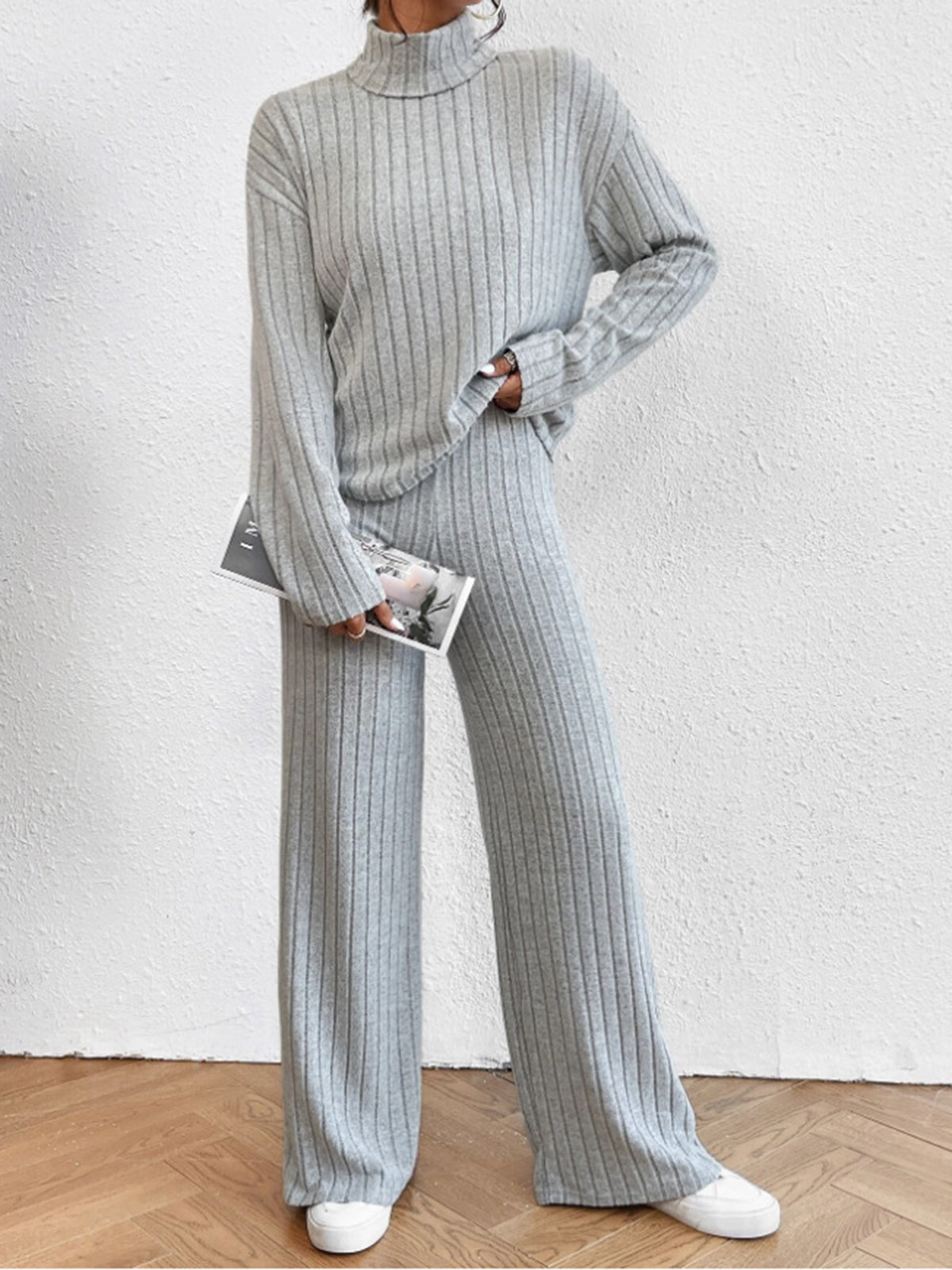 Turtleneck Ribbed Soft Trouser Set 