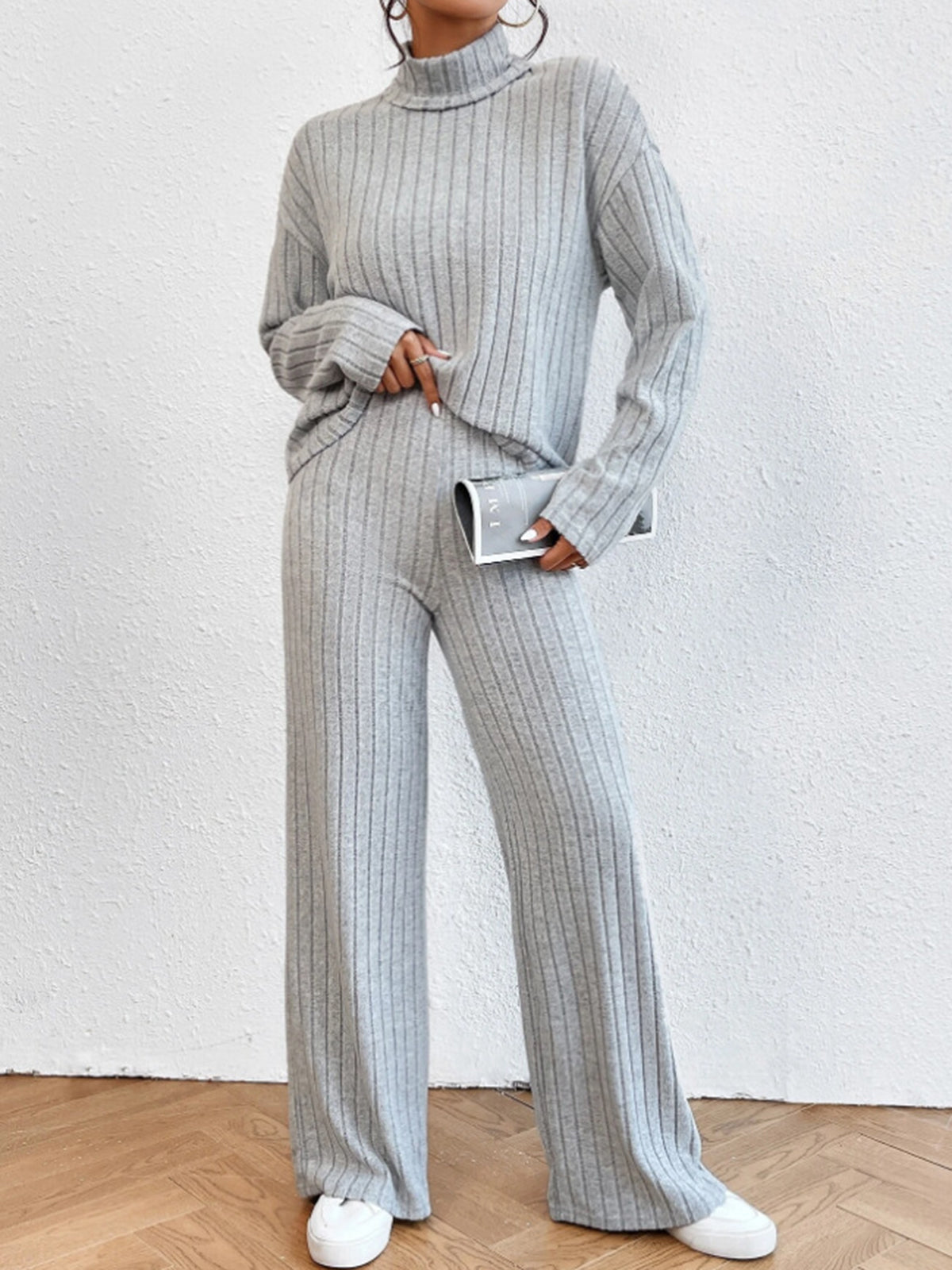 Turtleneck Ribbed Soft Trouser Set 