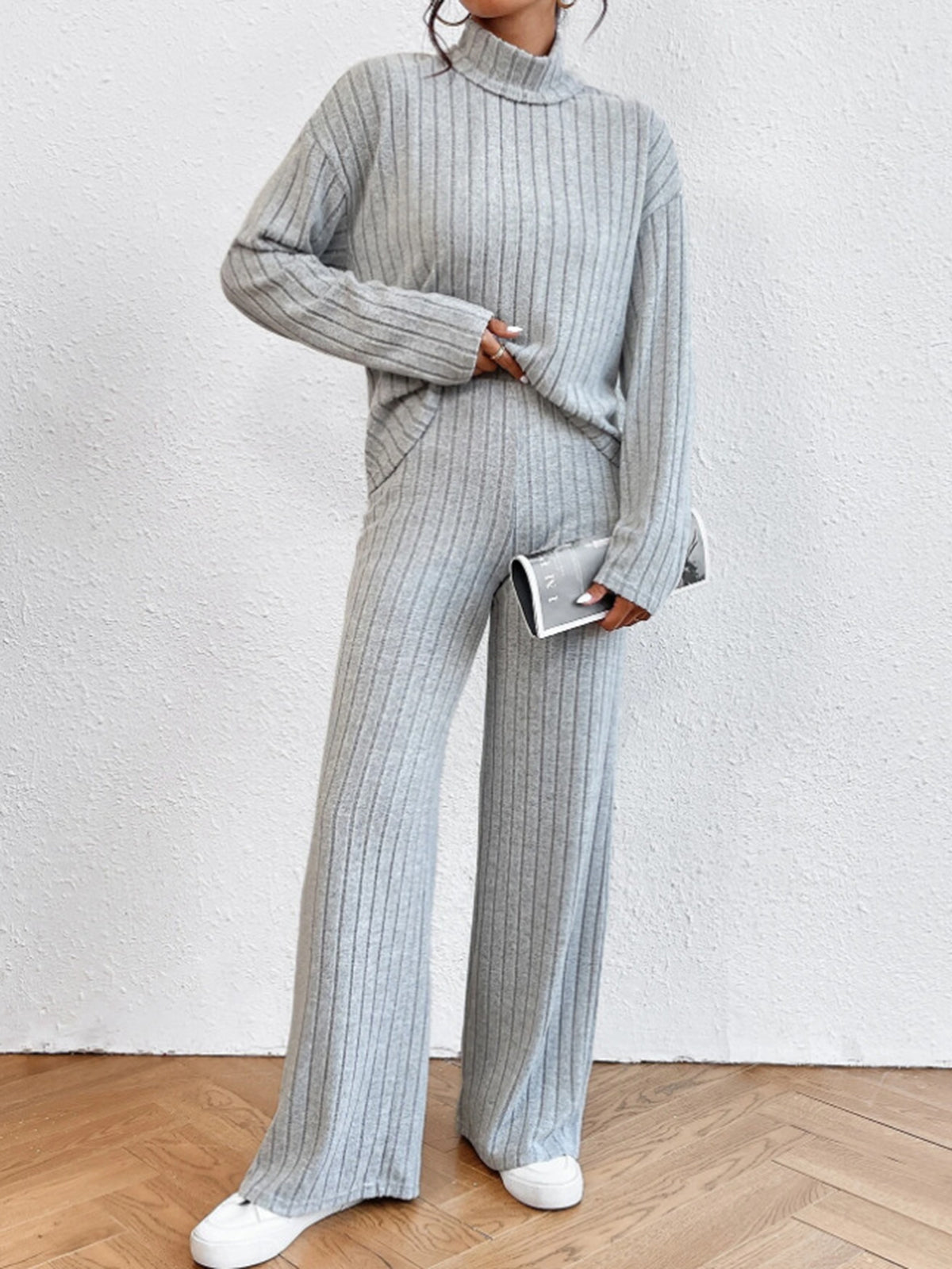 Turtleneck Ribbed Soft Trouser Set 