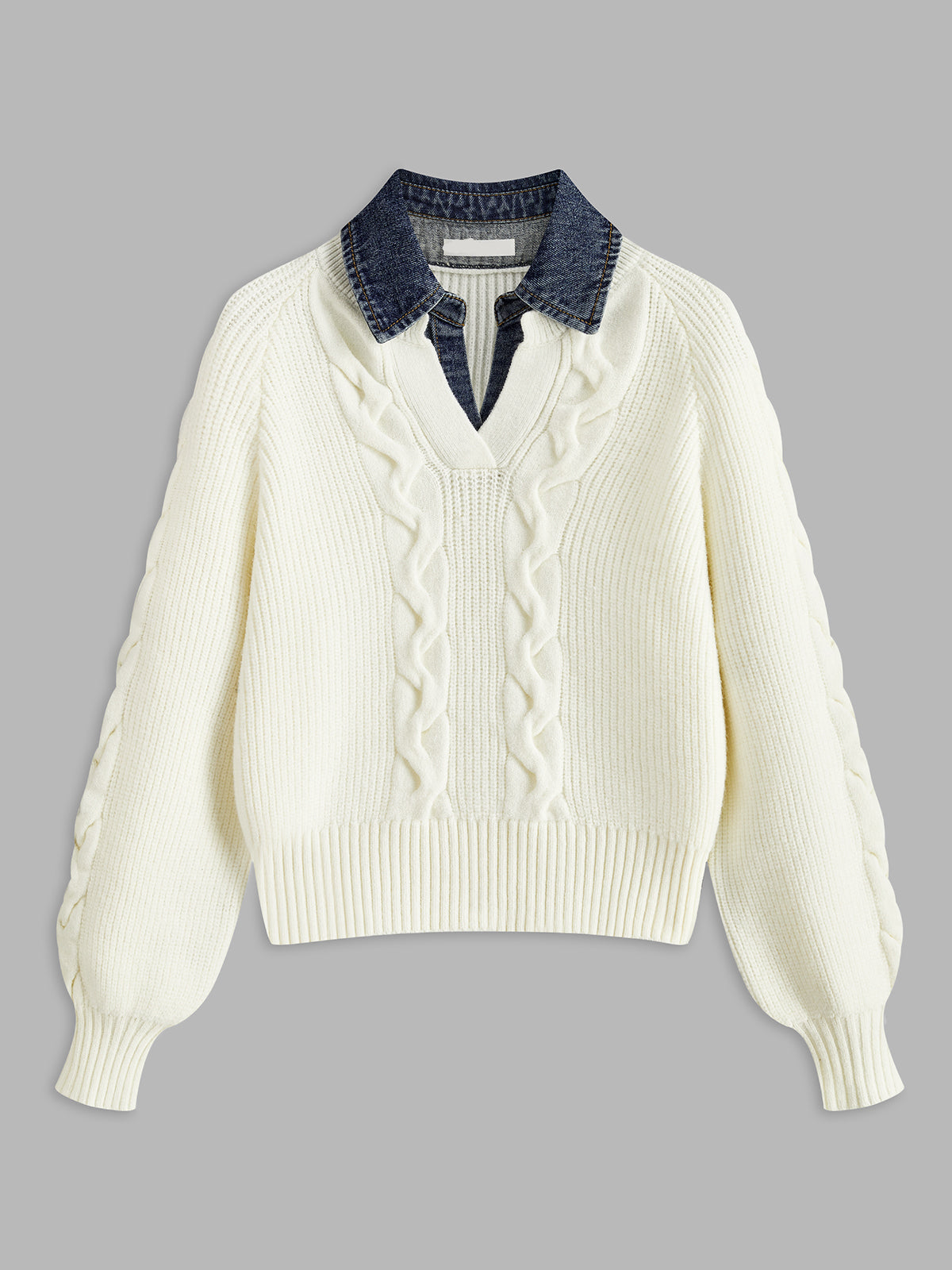 Denim Paneled Ribbed Collar Sweater