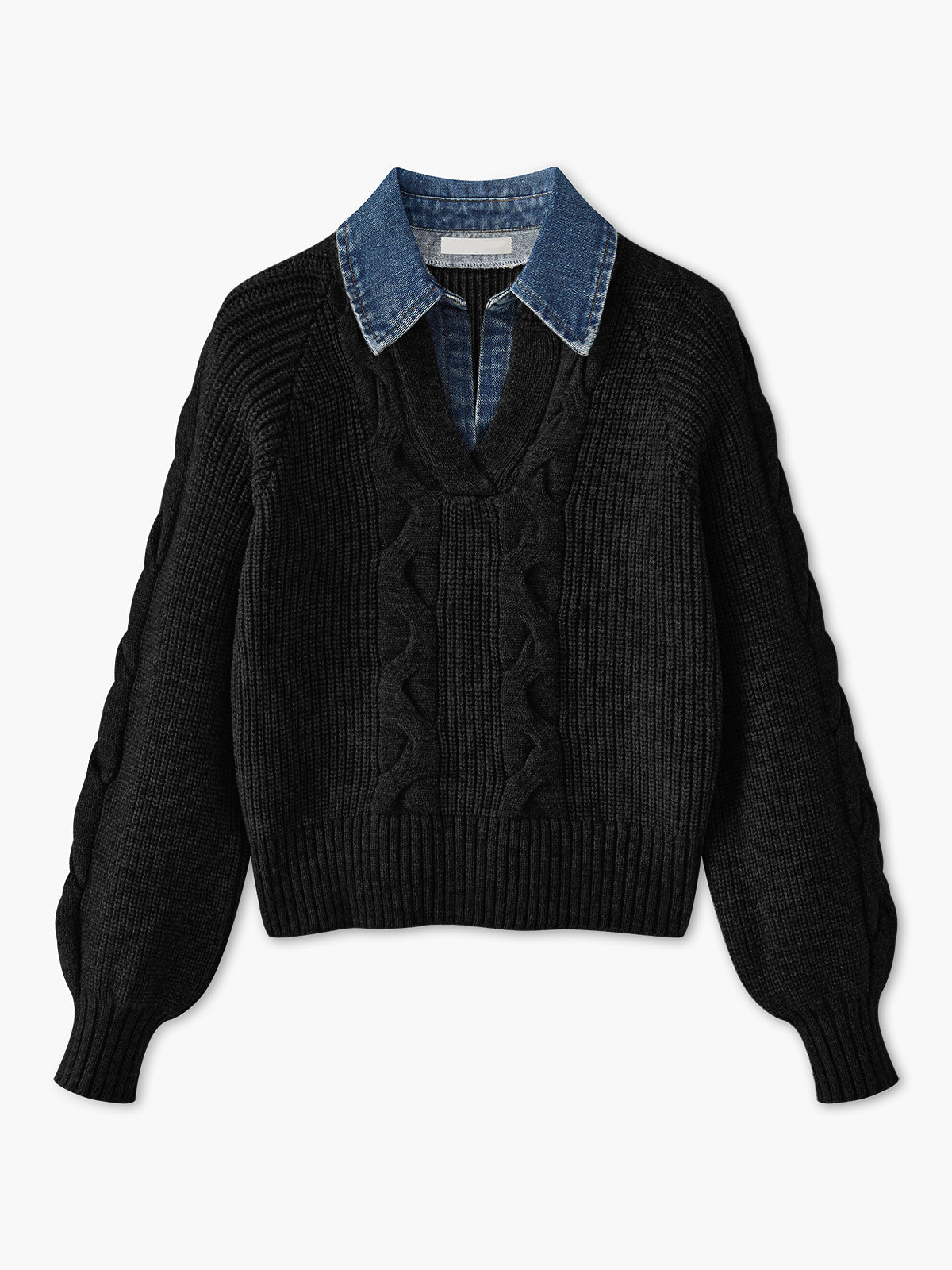 Denim Paneled Ribbed Collar Sweater