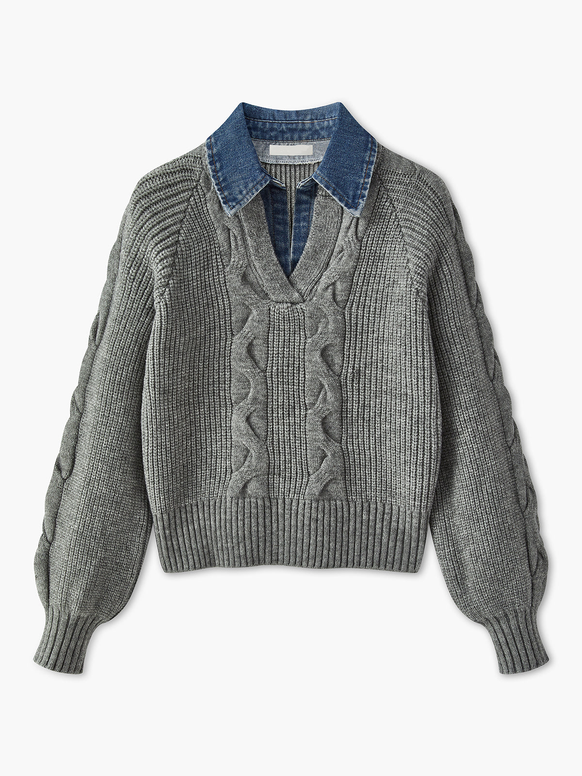 Denim Paneled Ribbed Collar Sweater