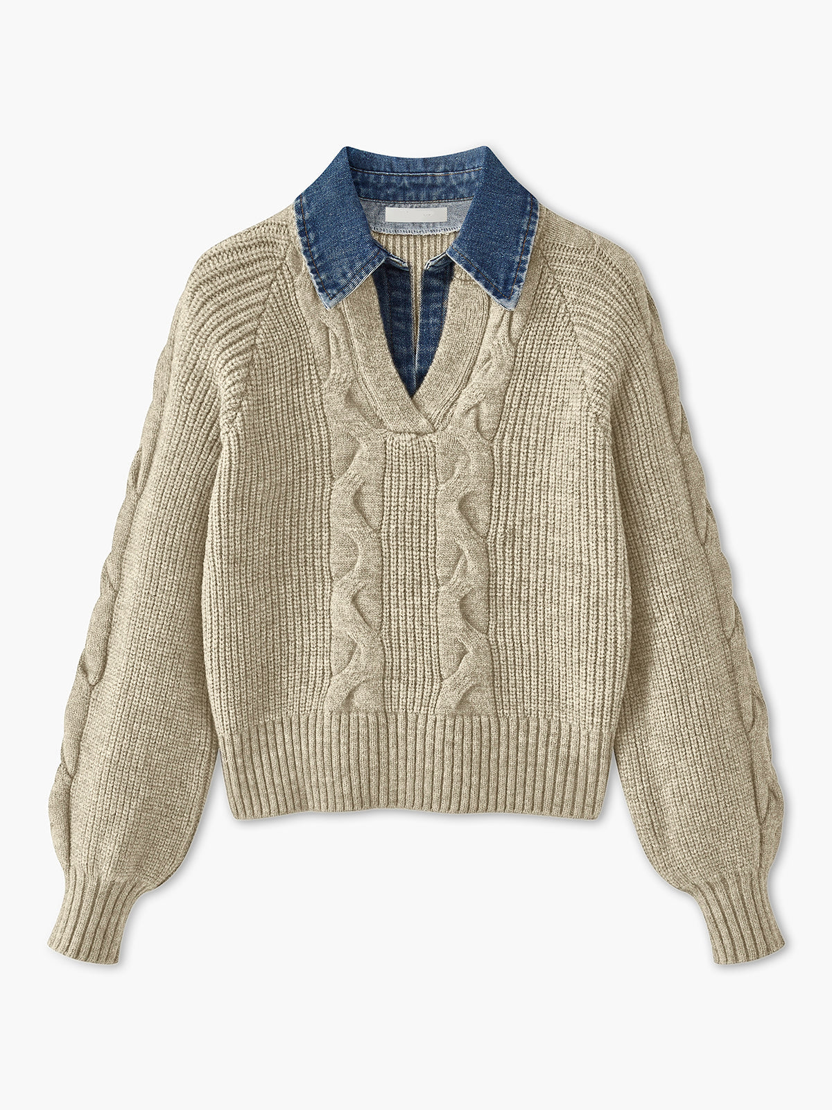 Denim Paneled Ribbed Collar Sweater