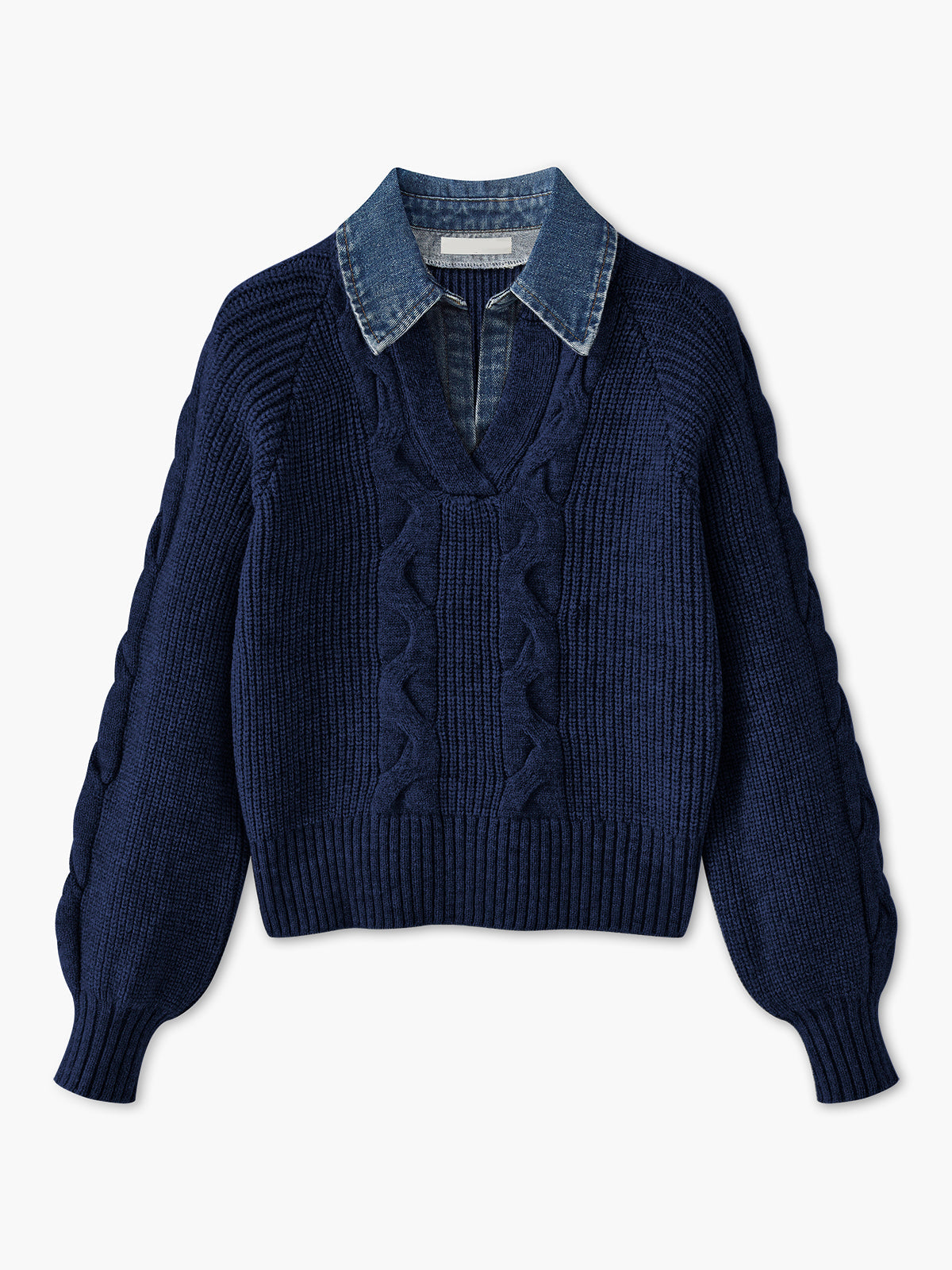 Denim Paneled Ribbed Collar Sweater