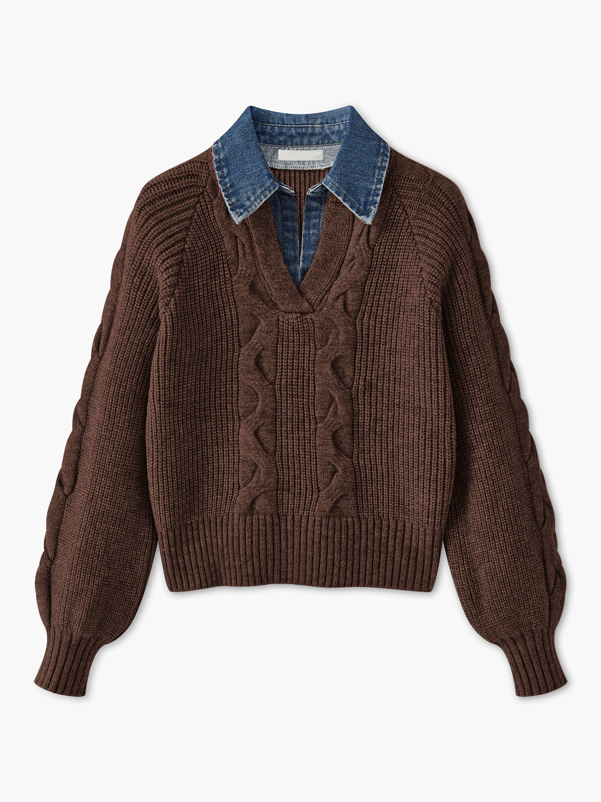 Denim Paneled Ribbed Collar Sweater