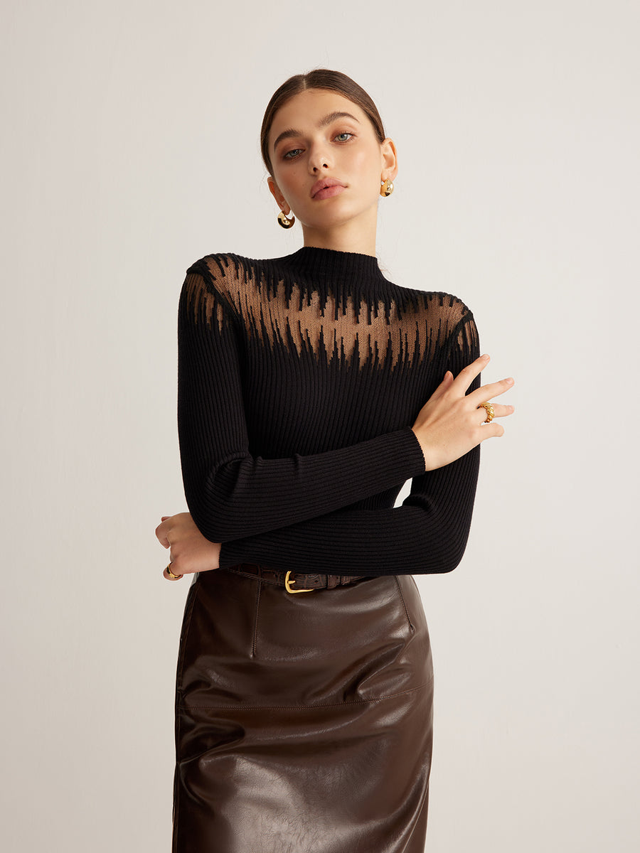 Turtleneck Sheer Panel Sweater