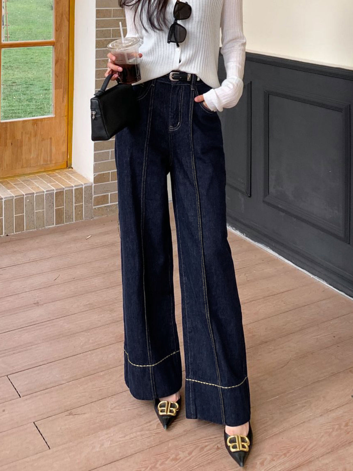 High Waist Wide Leg Denim Trousers