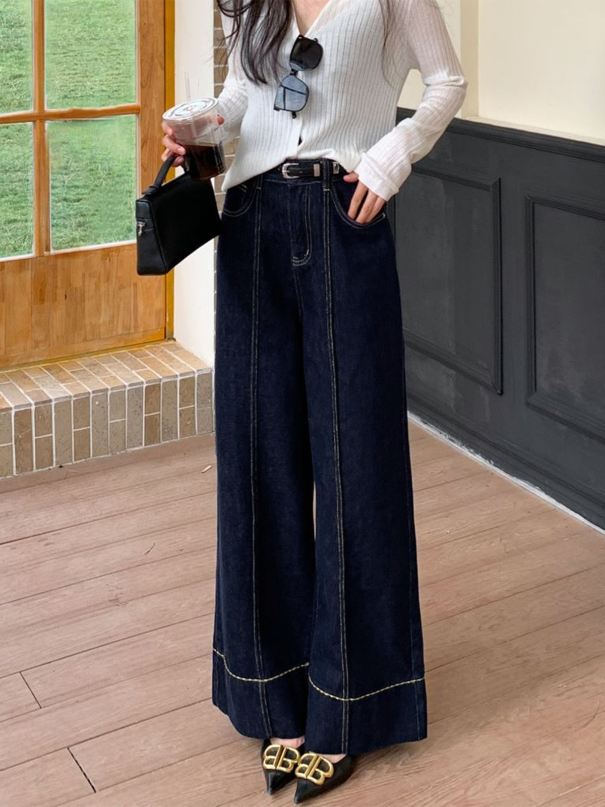 High Waist Wide Leg Denim Trousers