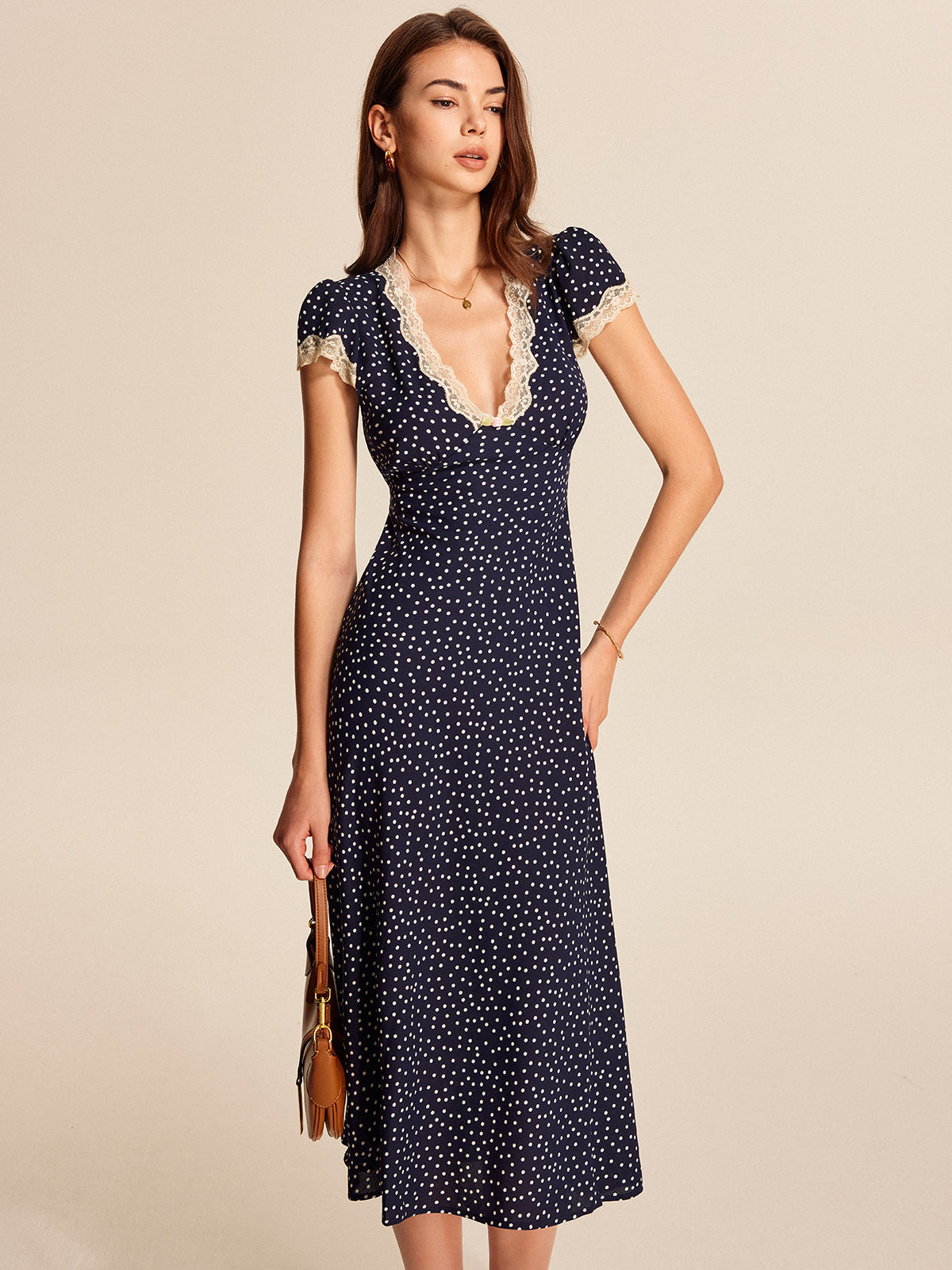 Lace Detailed Polka Dot Midi Dress