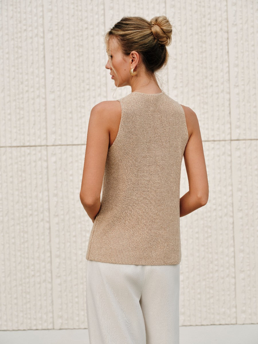 Beige Cross-Halter Knit Blouse