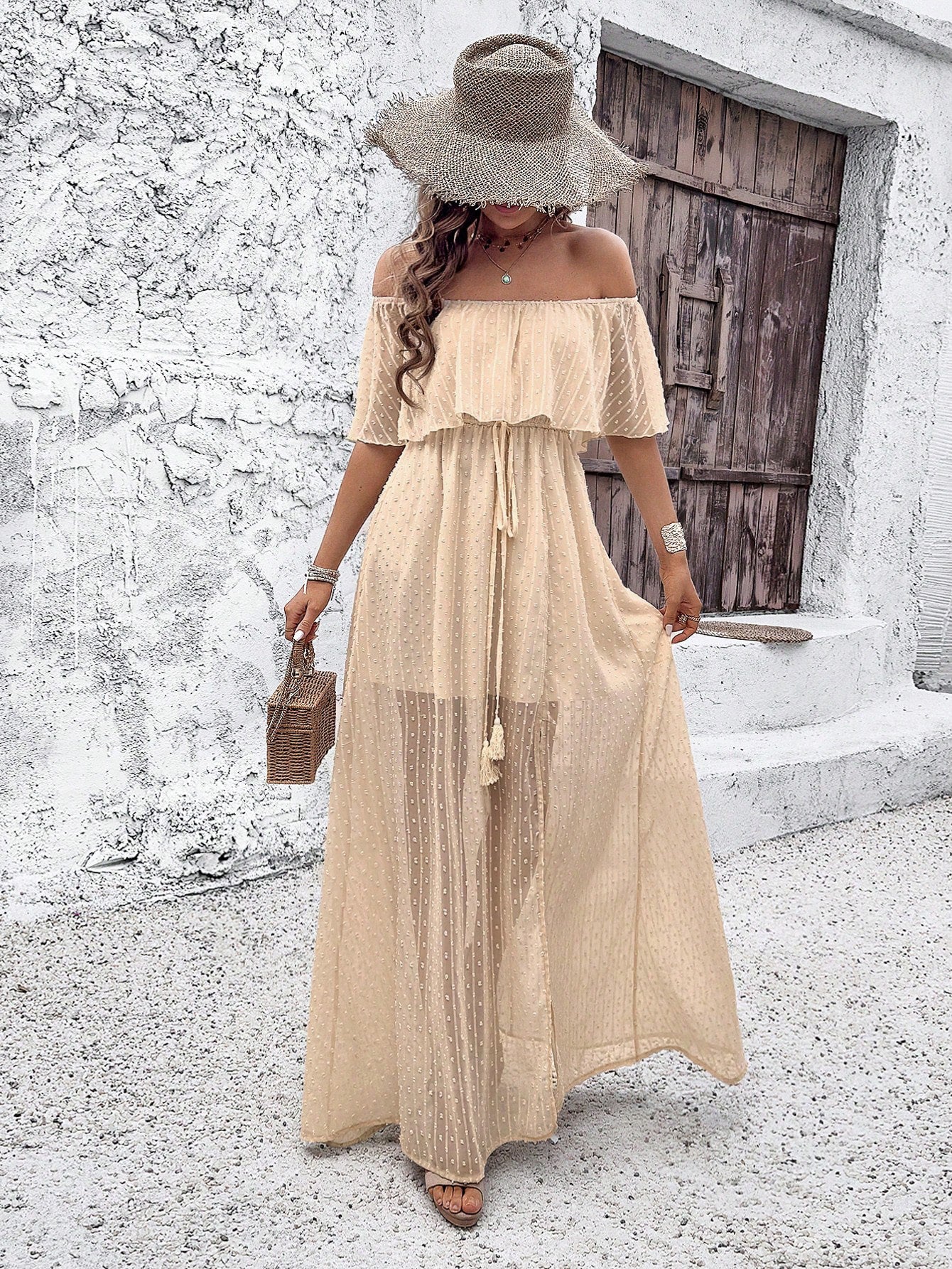Polka Dot Off Shoulder Chiffon Dress