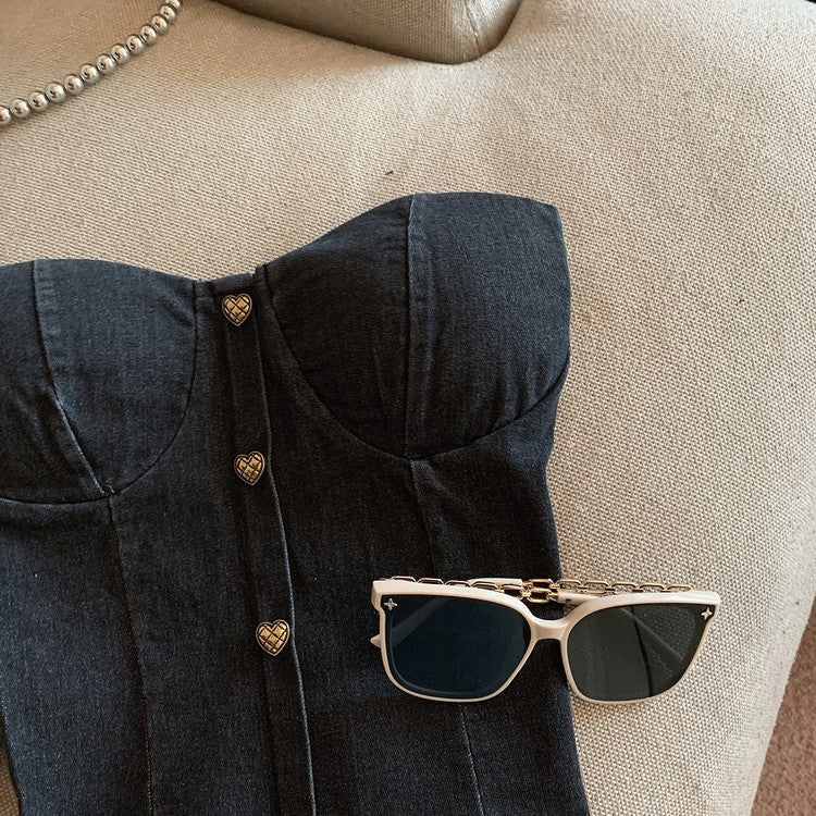 Heart Button Denim Bustier