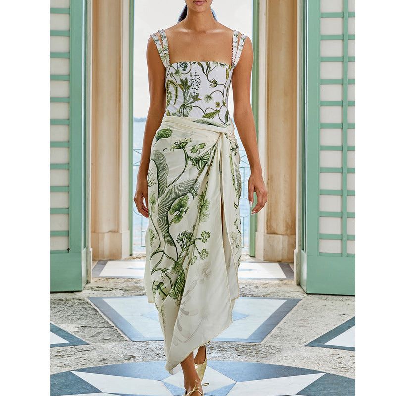 Botanical Patterned Halter Swimsuit and Skirt