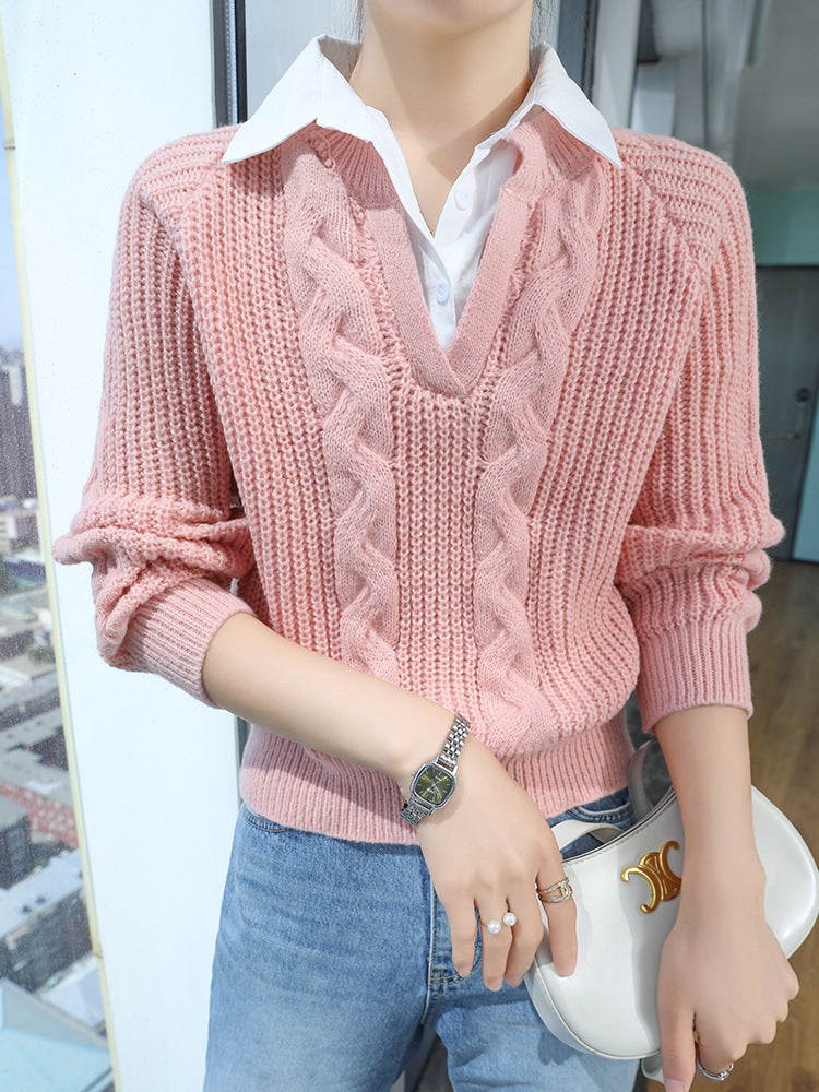 Denim Paneled Ribbed Collar Sweater