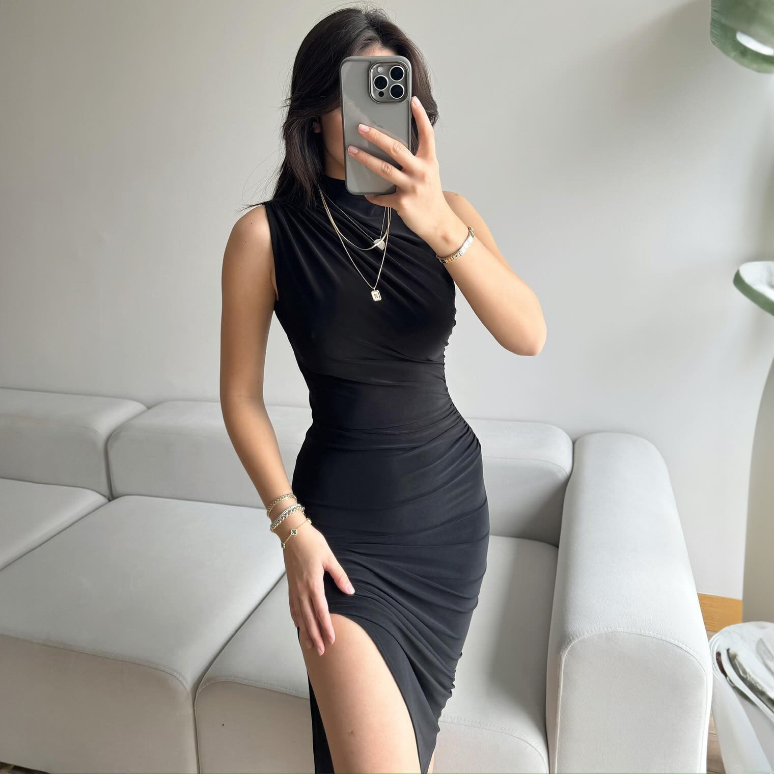 High Collar Slit Detailed Black Dress