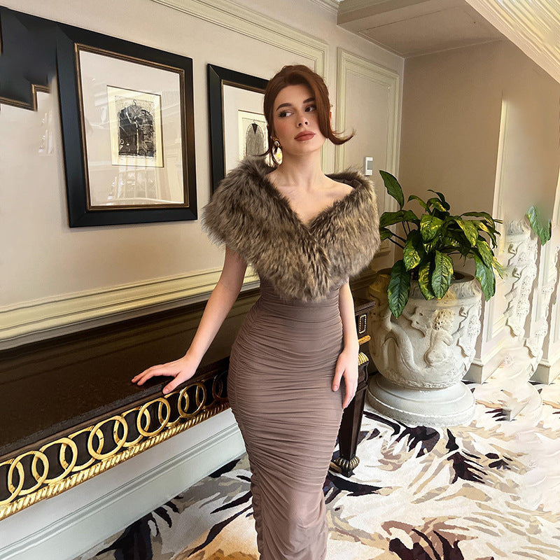 Brown Evening Dress with Fur Detail