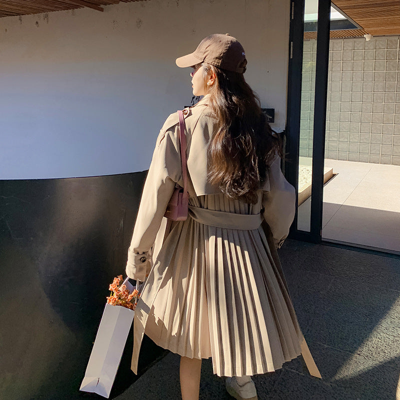 Beige Pleated Long Trench Coat