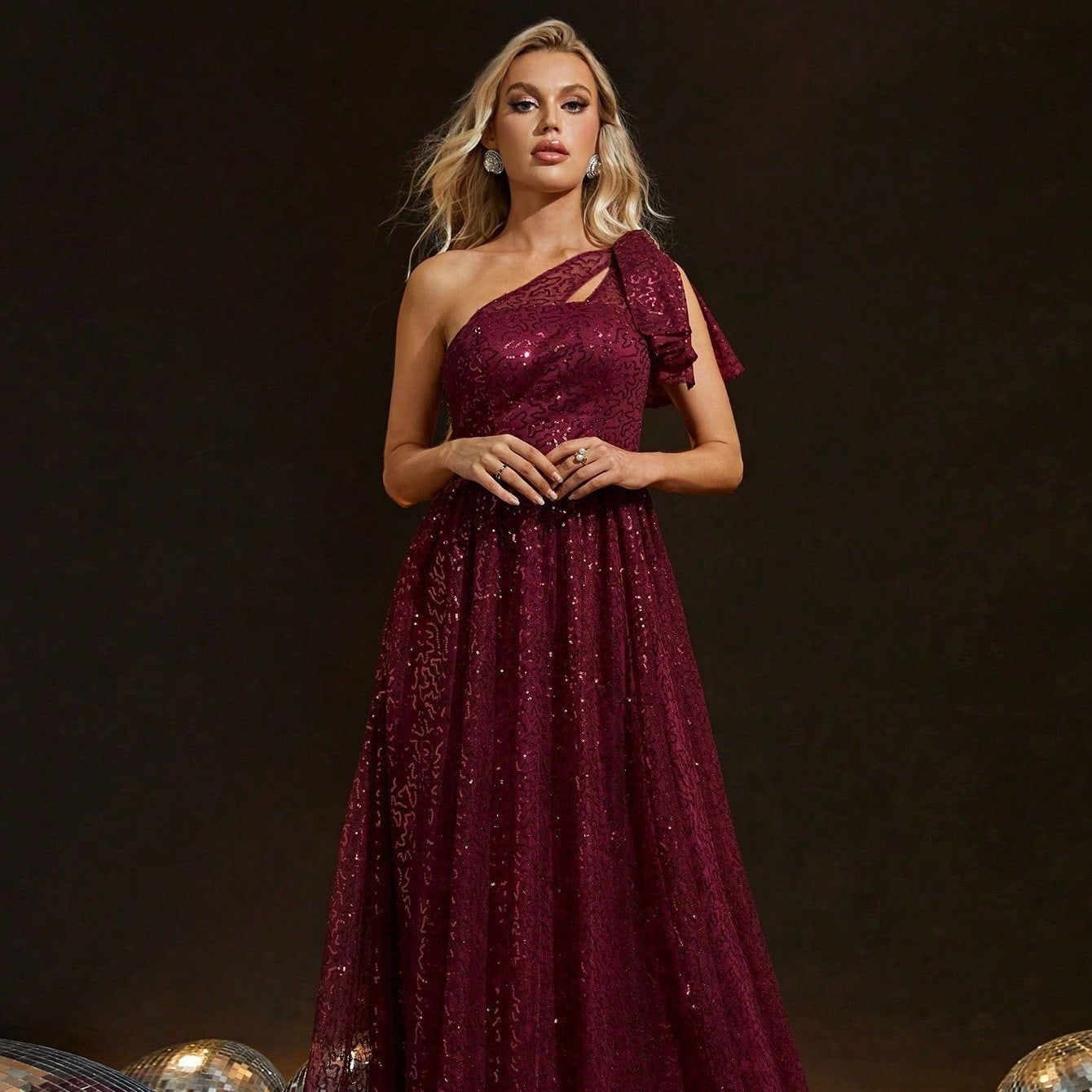 Sequined Wine Red Evening Dress