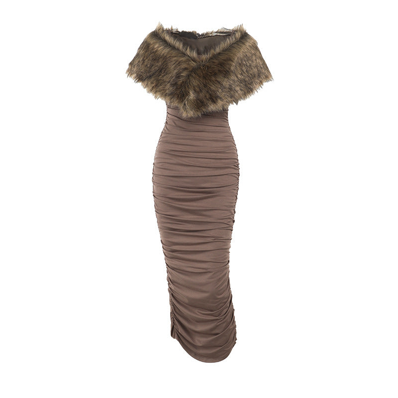 Brown Evening Dress with Fur Detail