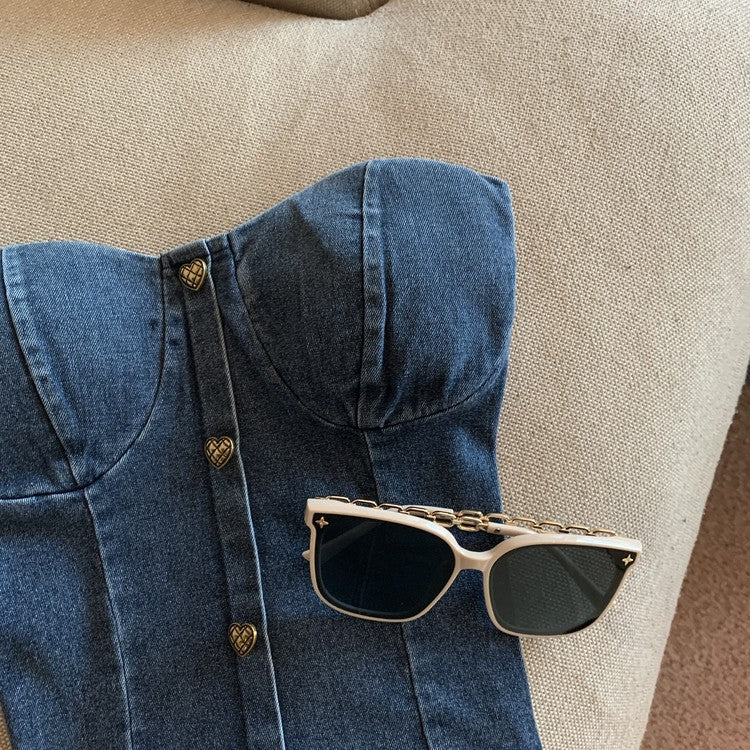 Heart Button Denim Bustier