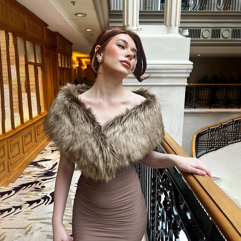 Brown Evening Dress with Fur Detail