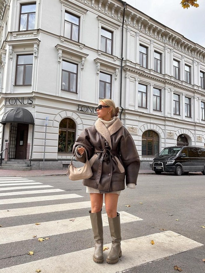 Oversize Brown Fur Leather Jacket