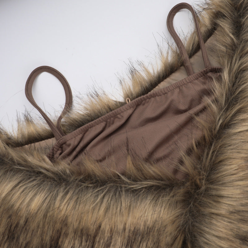 Brown Evening Dress with Fur Detail