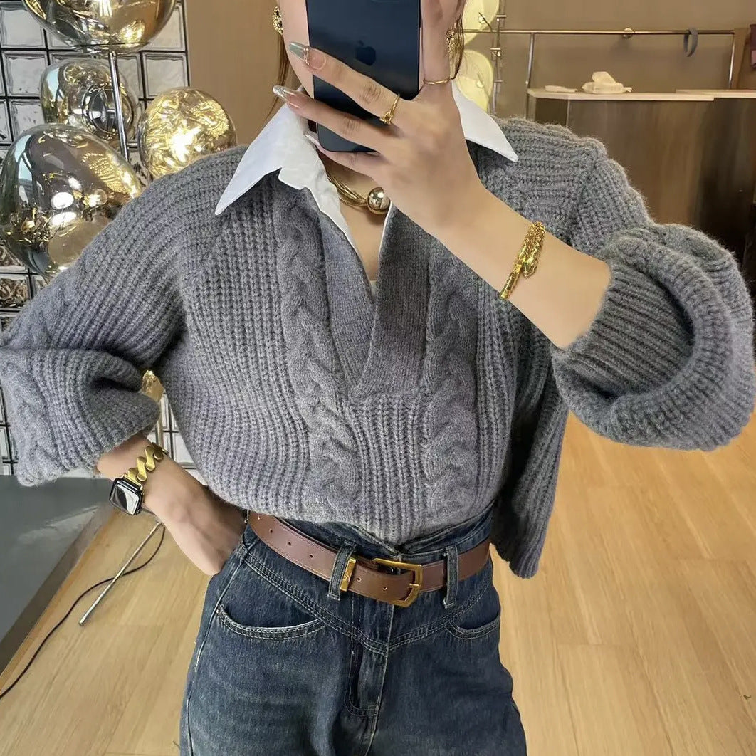 Denim Paneled Ribbed Collar Sweater