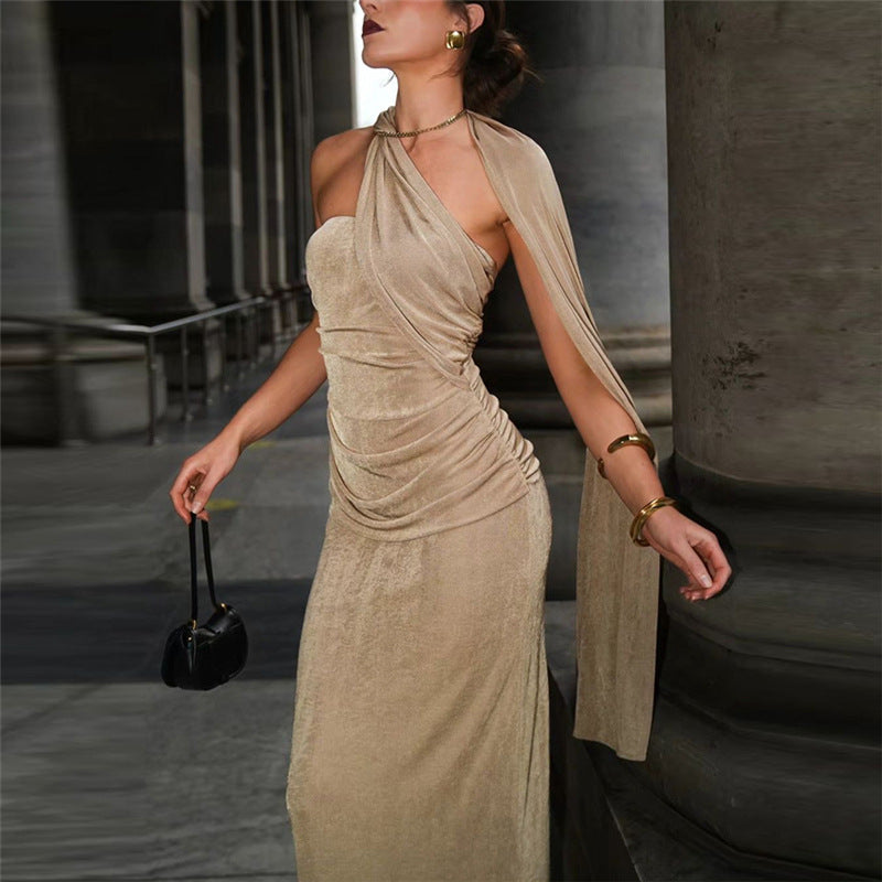 Slim Fit Strappy Pleated Solid Color Long Dress