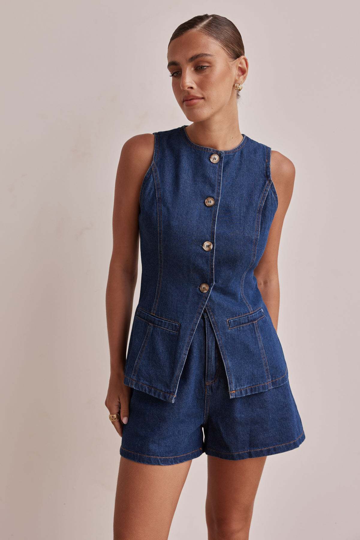 Denim Button-Up Şortlu Takım