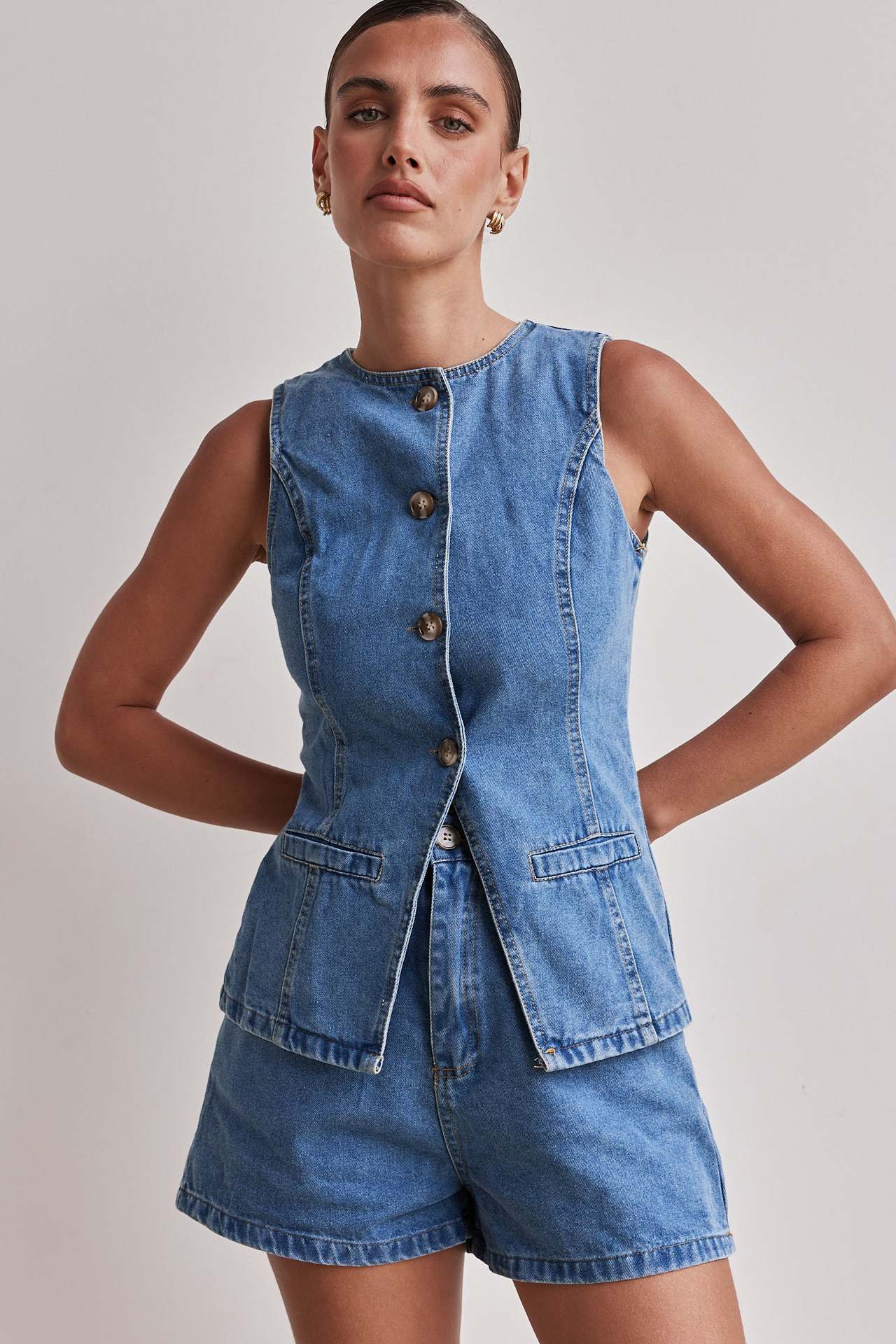 Denim Button-Up Şortlu Takım