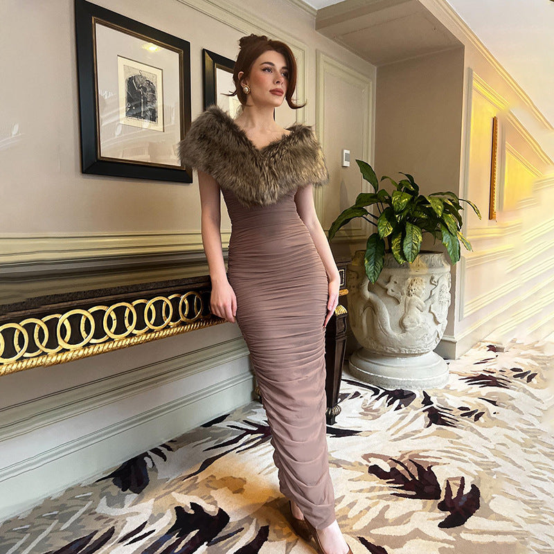 Brown Evening Dress with Fur Detail