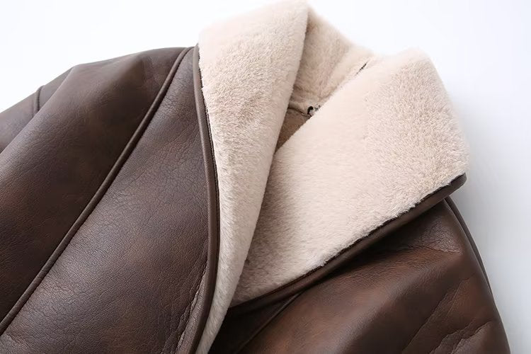 Oversize Brown Fur Leather Jacket