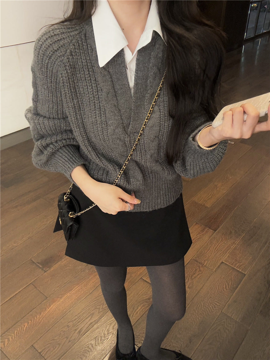 Denim Paneled Ribbed Collar Sweater