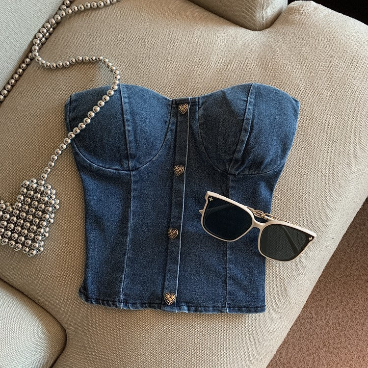 Heart Button Denim Bustier