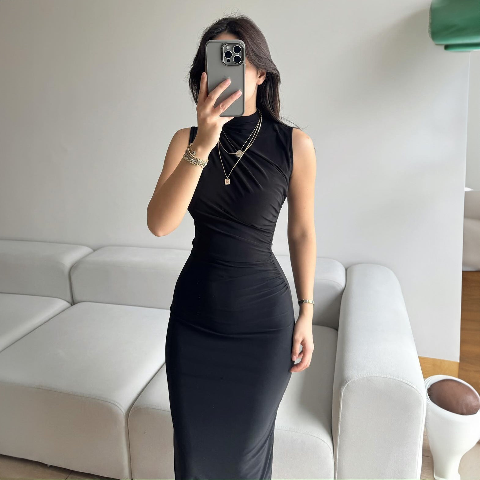 High Collar Slit Detailed Black Dress