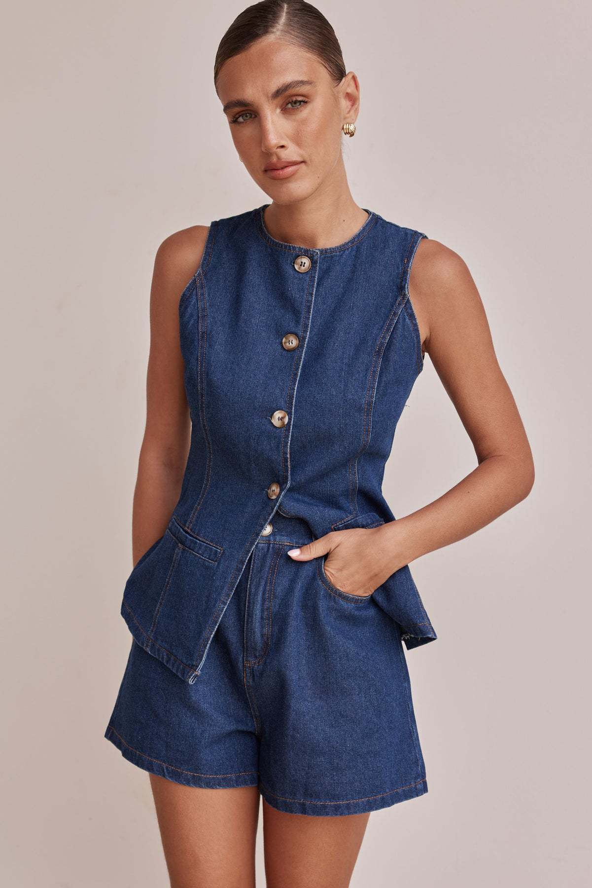 Denim Button-Up Şortlu Takım