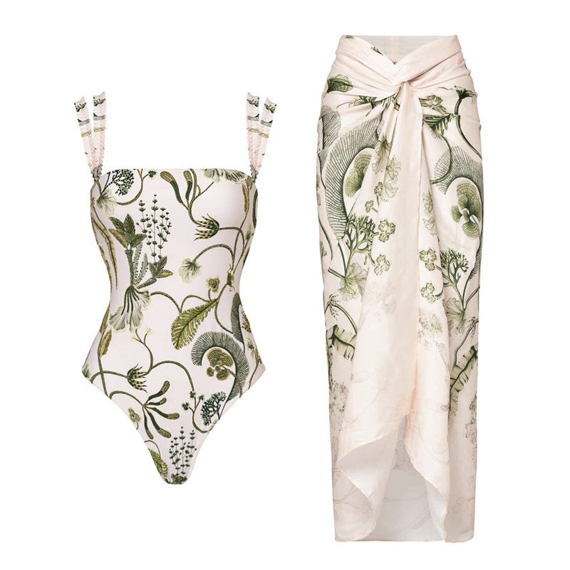 Botanical Patterned Halter Swimsuit and Skirt