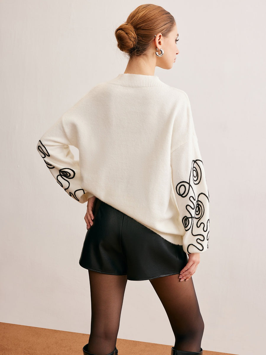 Patterned Sleeve Oversize Sweater